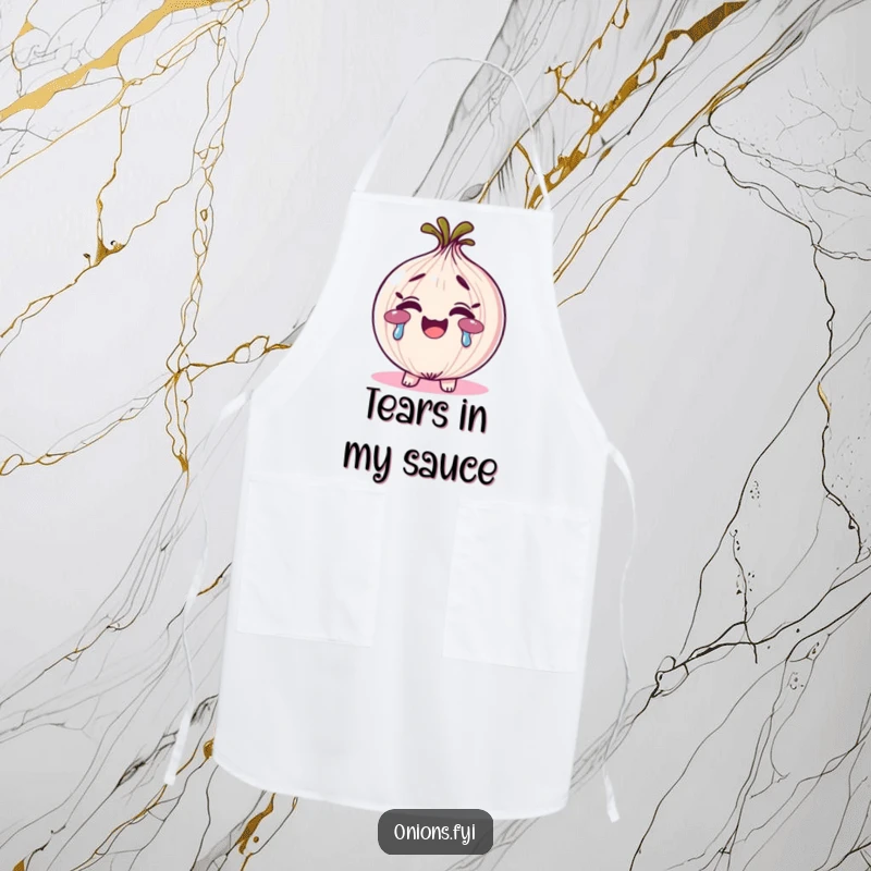 Funny rainbow tears onion apron, an onion character smiling and crying vibrant rainbow tears, cheerful kitchen wear.