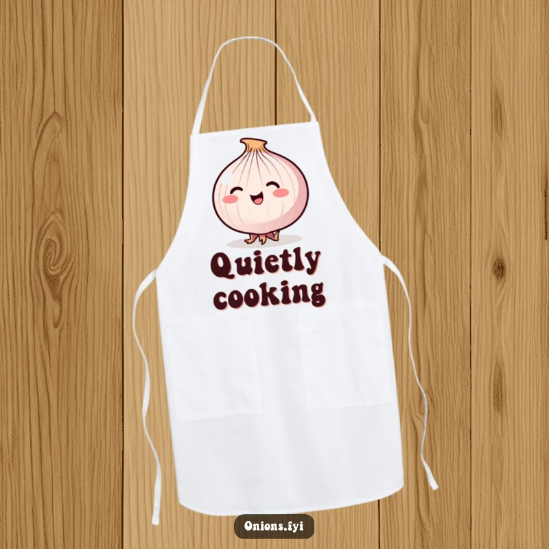 Funny Stealthy Onion Apron showing a happy onion attempting to tiptoe stealthily on its roots, for chefs.