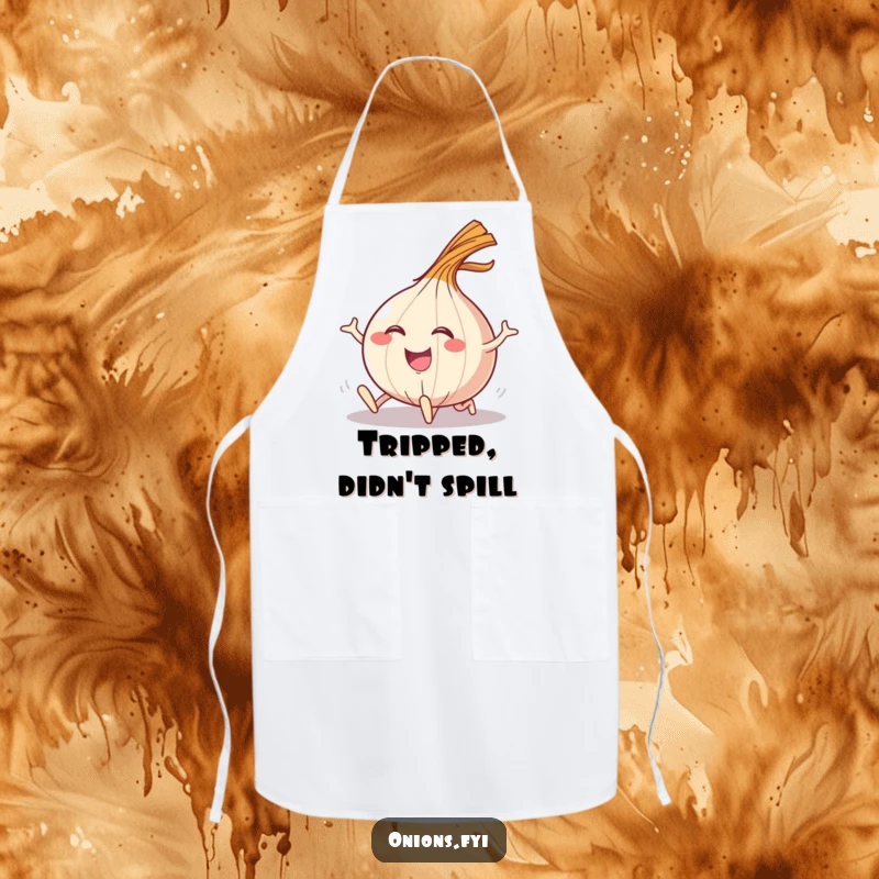 Funny apron with a happy onion character tripping and landing with a comical flourish.