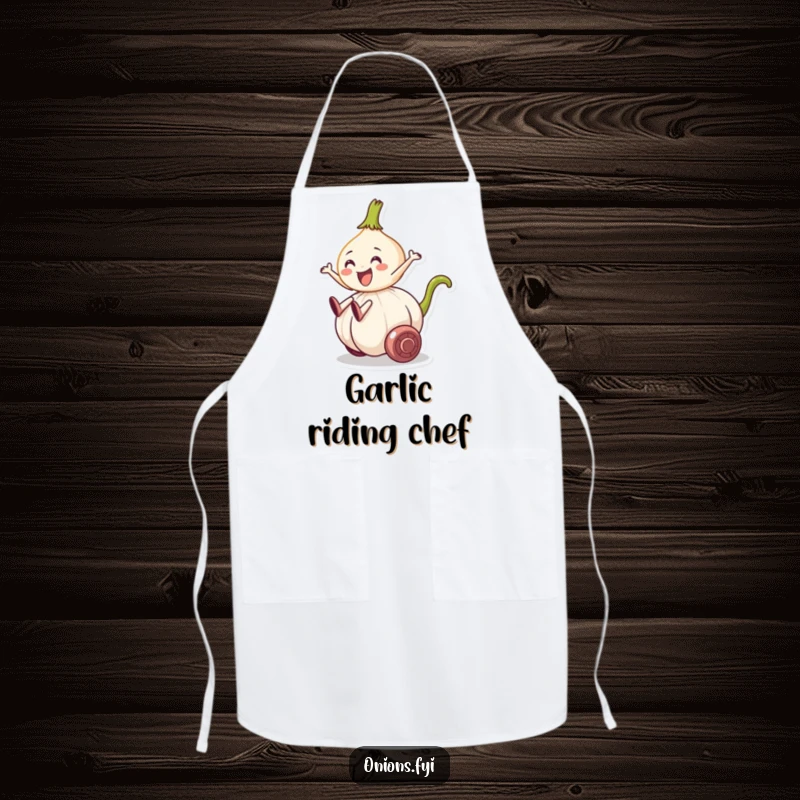 Funny apron showing an onion character riding a rolling garlic clove, perfect for humorous cooking sessions and kitchen fun.