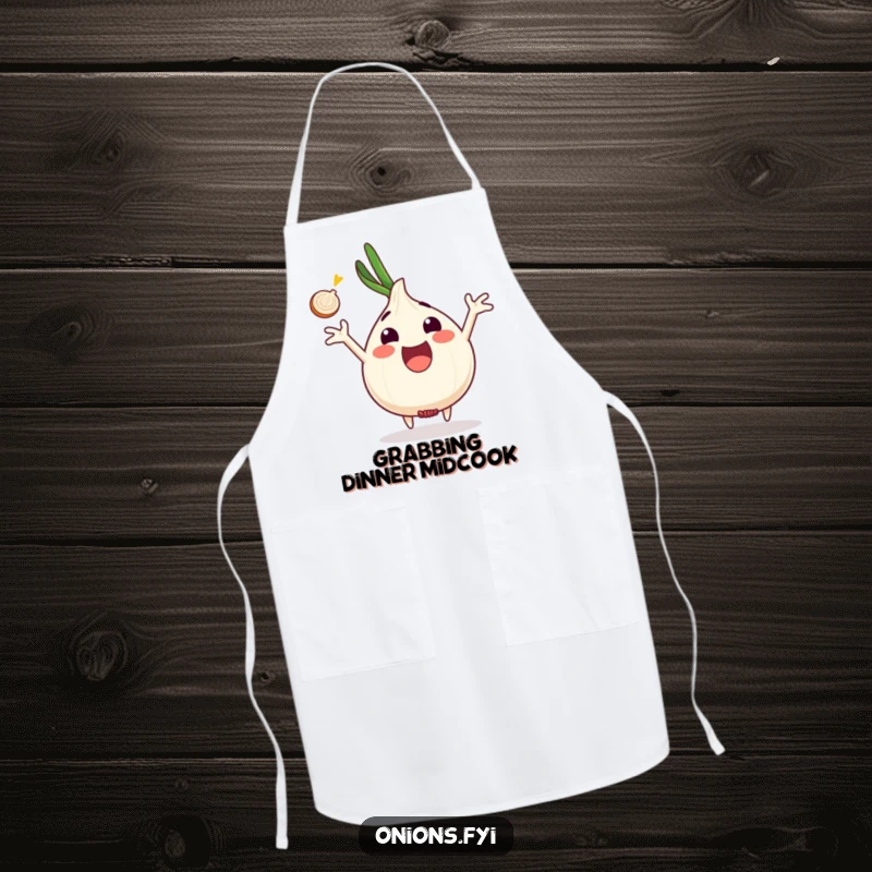Funny onion character excited, arms outstretched catching onion slice, kitchen apron, enthusiastic and funny gift.