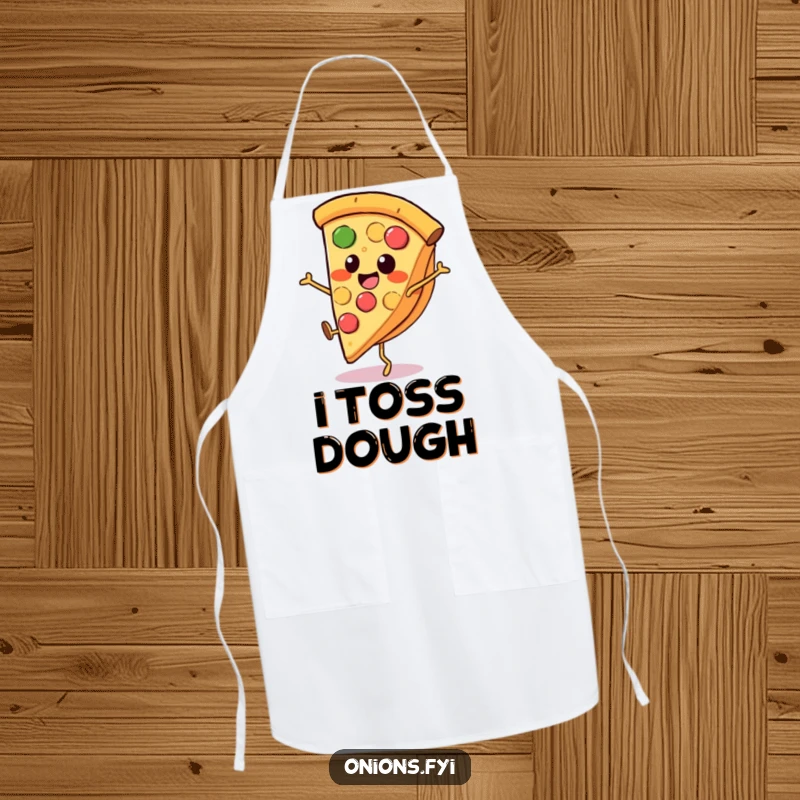 Funny pizza apron, a smiling pizza slice with tiny legs performing a cartwheel, durable and amusing kitchen wear.