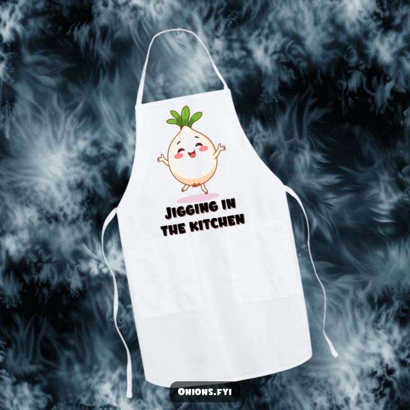Funny apron showing a happy onion character doing a silly dance, ready to cook with a smile.
