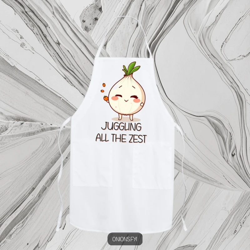Funny onion character winking and juggling peppercorns, a humorous and protective apron for kitchen use.