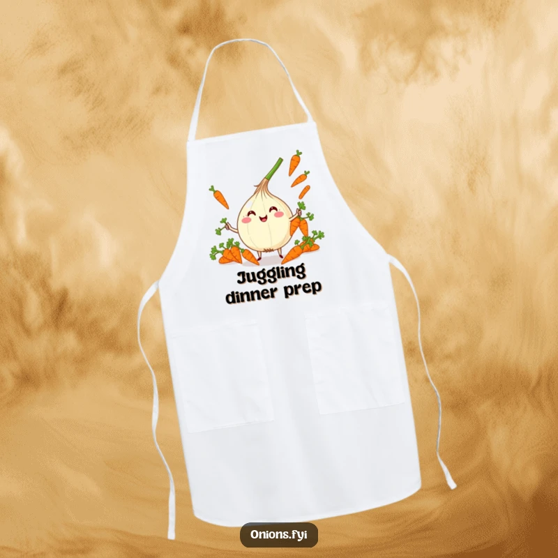 Funny Kawaii Onion Juggling Apron: Adorable onion character joyfully juggling carrots, ideal funny gift.