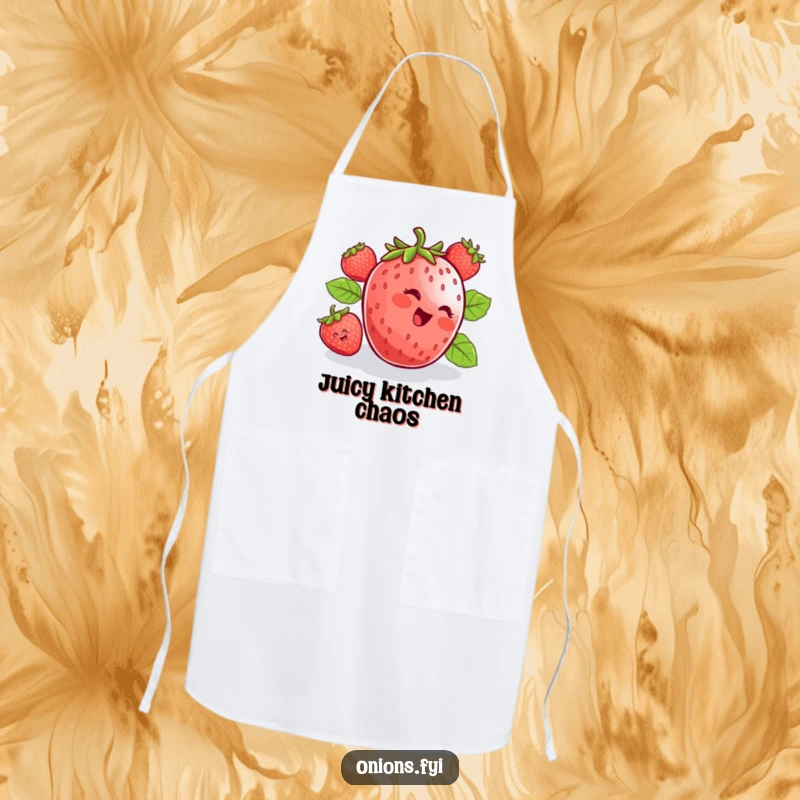Funny apron showing a happy strawberry gleefully rolling downhill, bringing cheerful energy to the kitchen. Cooking accessory.