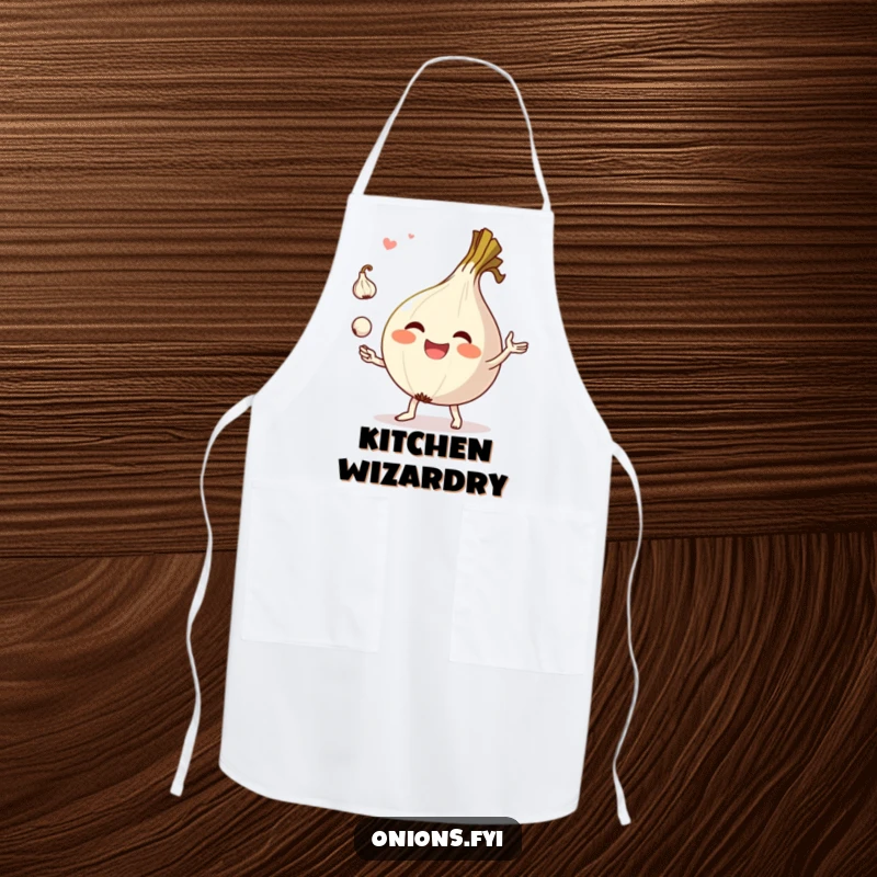 Funny apron featuring a joyful onion character juggling garlic, designed for aspiring chefs who enjoy humor.