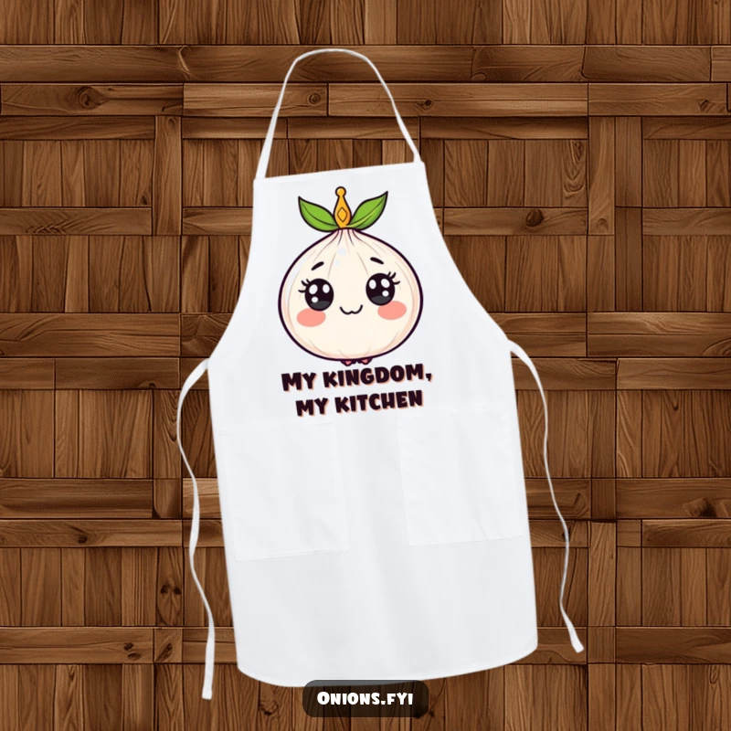 Funny apron featuring a cheerfully crowned onion, embodying regal cooking spirit and kitchen humor.