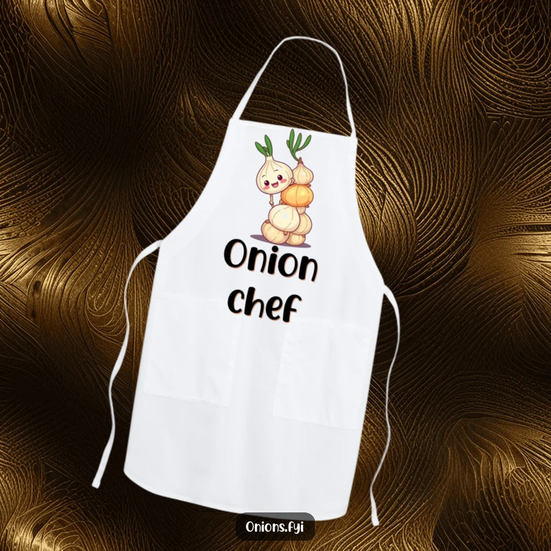 Funny apron with an onion character climbing a wobbly onion stack, symbolizing kitchen challenges and determination. Great gift for cooks.