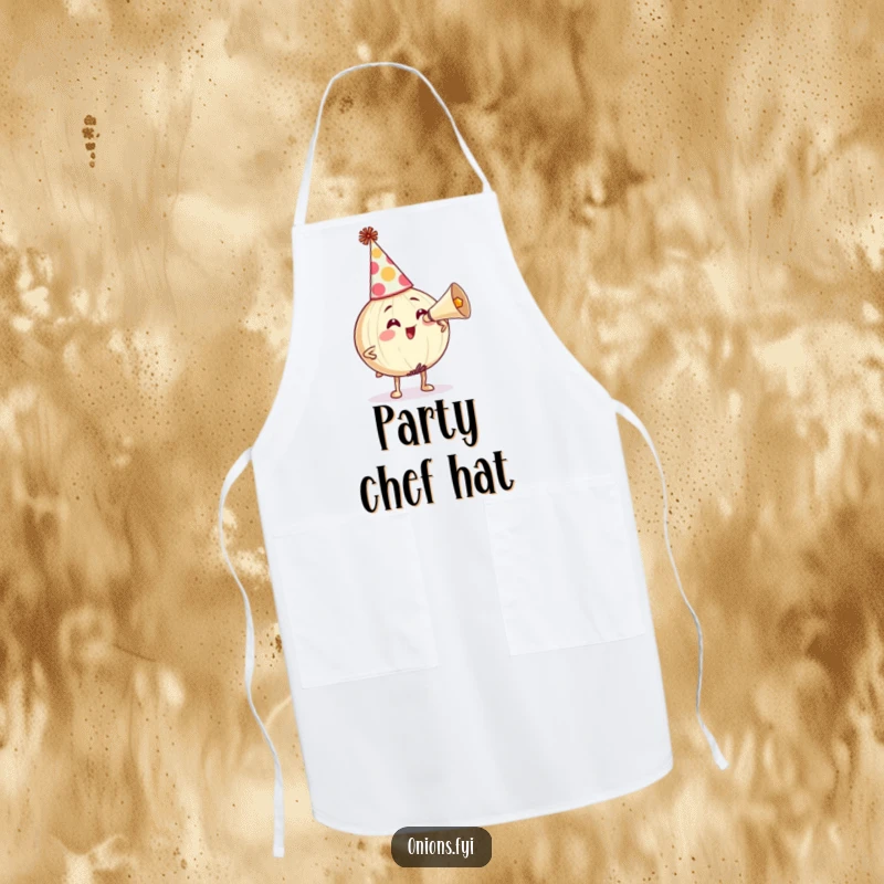 Funny Apron: Onion character in a party hat honking a horn, adding festive humor to the kitchen. A unique funny gift.