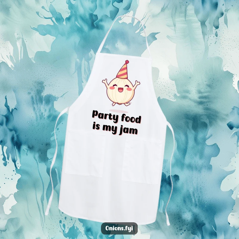 Funny onion character in party hat, leaping joyfully, kitchen apron, festive and funny gift.
