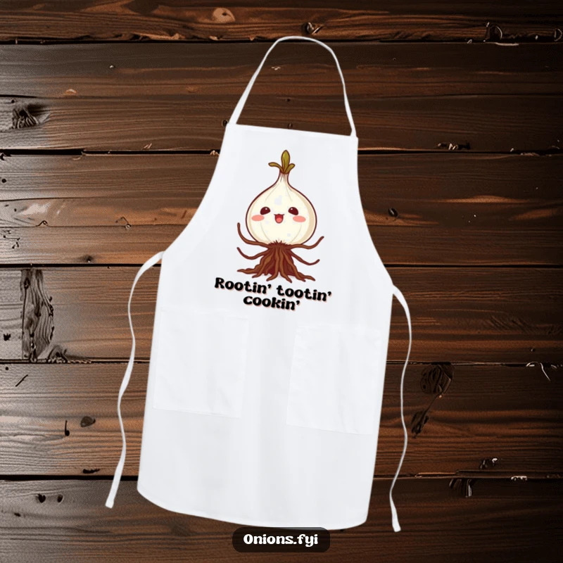 Funny kawaii onion apron, roots in a silly caper, humorous kitchen apparel for chefs who enjoy a good laugh.