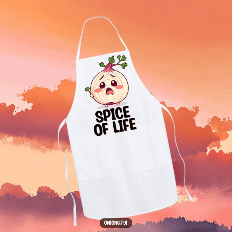 Funny apron with an onion character in exaggerated surprise, being tickled by parsley, great for kitchen fun and a funny gift.