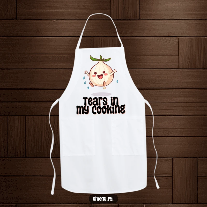 Funny onion character doing a cartwheel with tears, a humorous and protective apron for kitchen use.