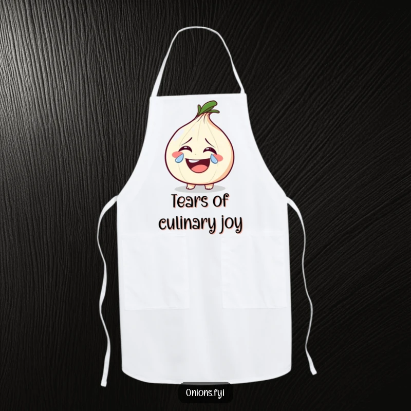 Funny onion character laughing with a sparkly tear on a kitchen apron, ideal for cooking and expressing joy.