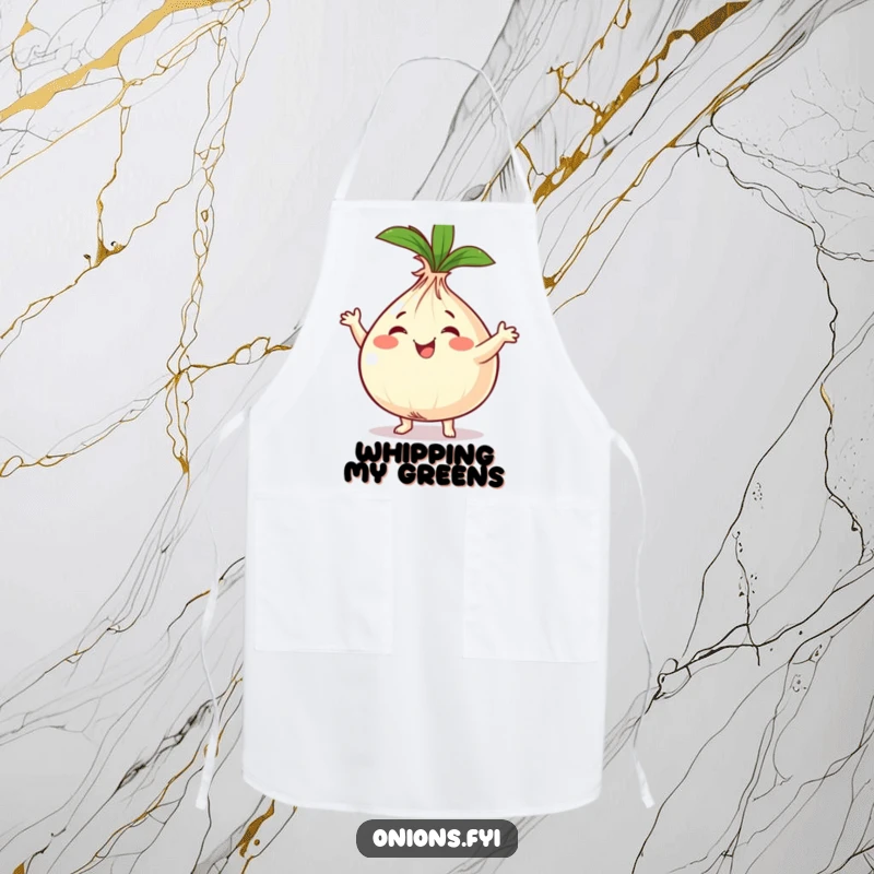 Funny onion character dancing in a kitchen apron, ready to cook and entertain with humor.