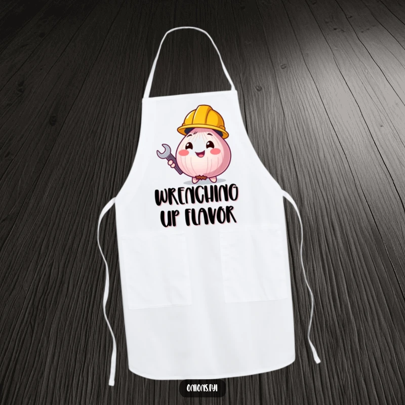 Funny onion character in a chef hat, ready for cooking, a humorous and protective apron.