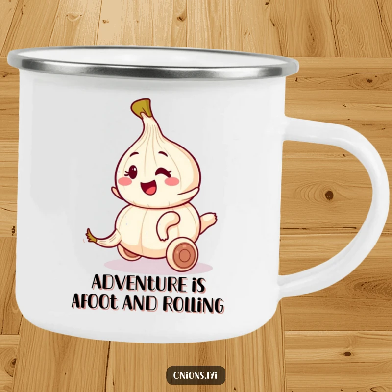 Funny camping mug with a winking onion riding a rolling garlic clove, ready for outdoor amusement.