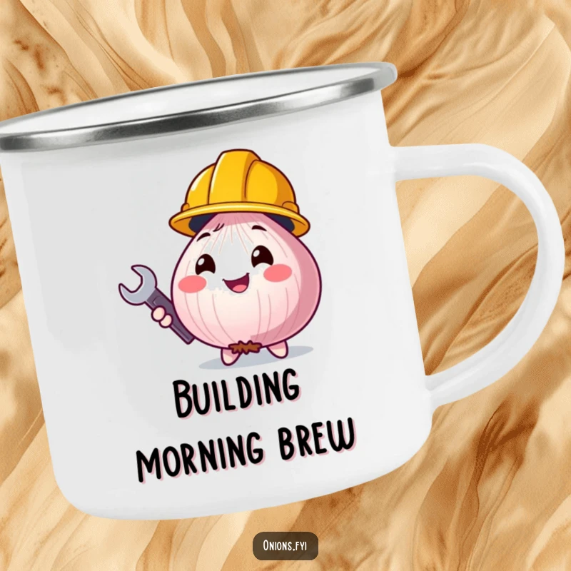 Funny onion character with a construction helmet, perfect for outdoor use, a durable and humorous camping mug.