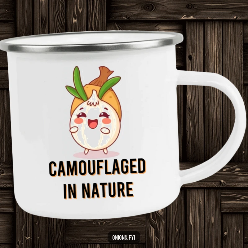 Funny onion character playing hide-and-seek behind a potato on a durable camping mug, ideal for outdoor adventures and humor.