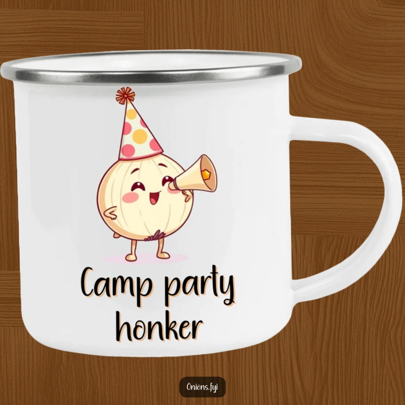 Funny Camping Mug: Onion character honking a party horn, bringing festive humor to outdoor adventures. A durable funny gift.