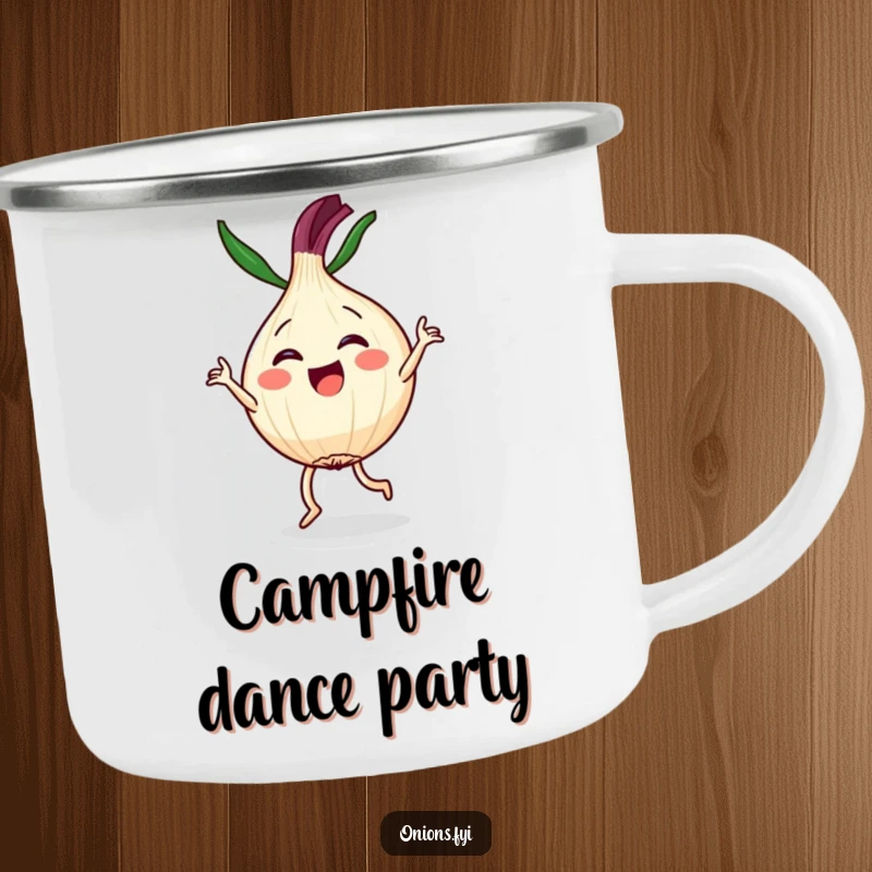 Funny camping mug with a Kawaii onion character joyfully performing a dance, perfect for outdoor fun and a funny gift.