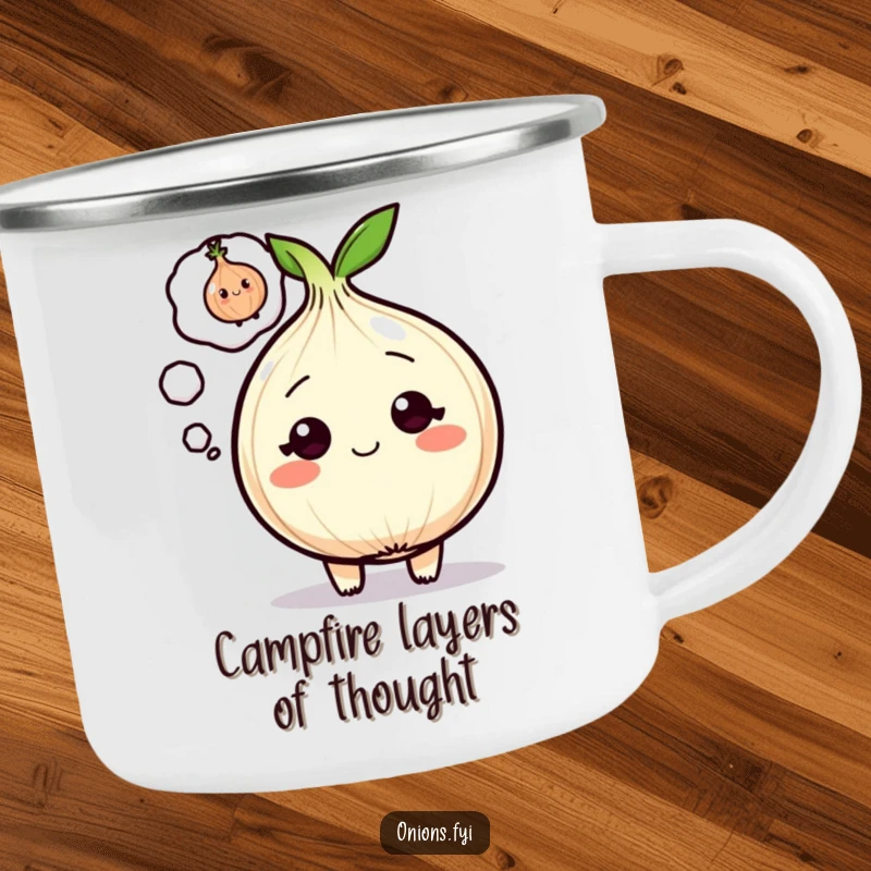 Funny Onion Camping Mug with a winking onion in a thought bubble, perfect for outdoor enthusiasts who love humor.