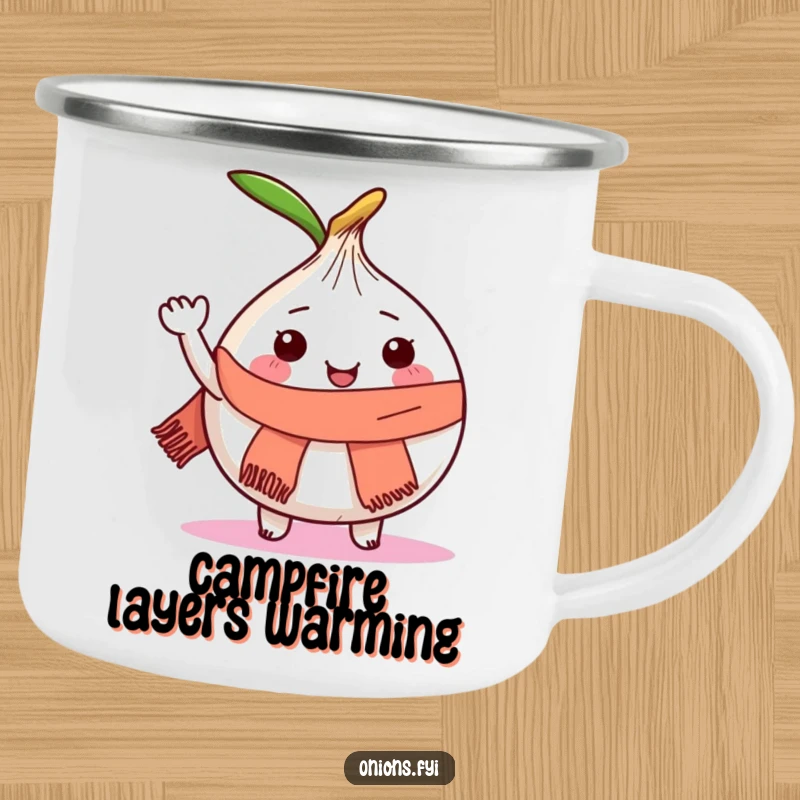 Funny camping mug with a joyful onion character wearing a scarf and waving.