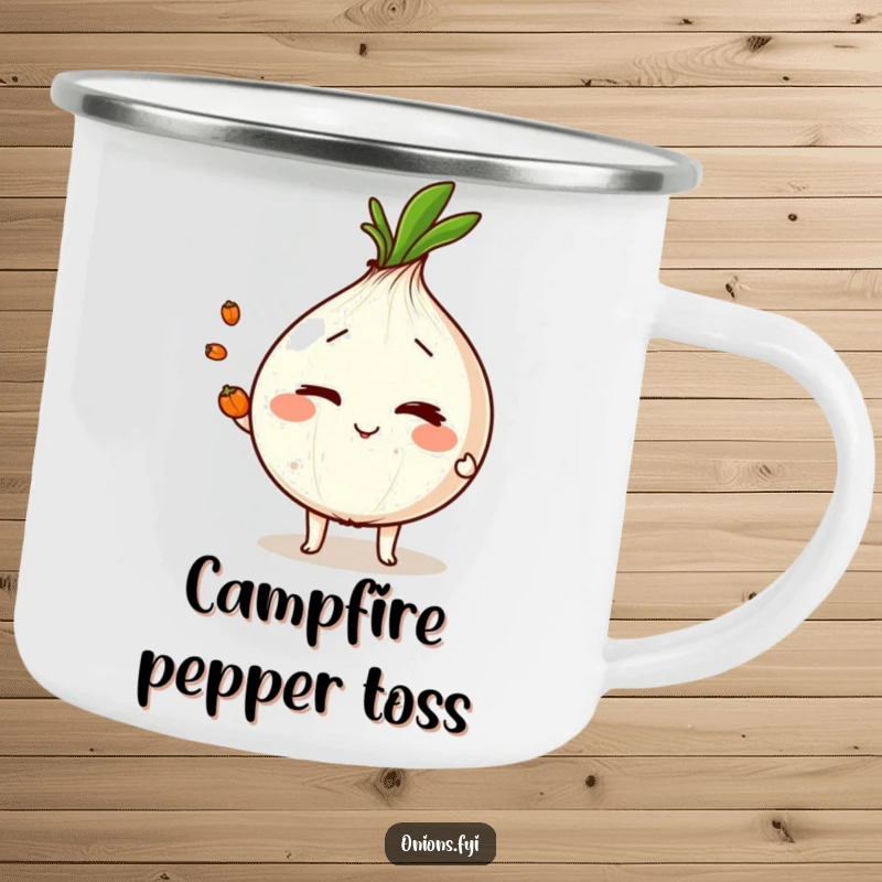 Funny onion character winking and juggling peppercorns, a durable and humorous camping mug for outdoor enthusiasts.