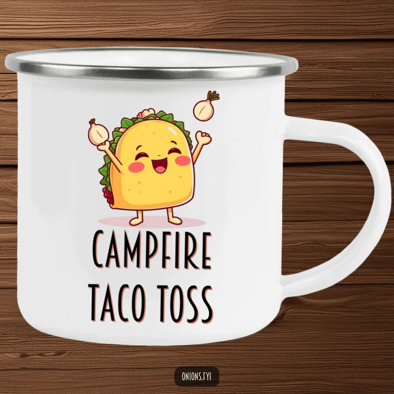 Funny taco camping mug, a jubilant taco with tiny arms juggling three small onions, durable and amusing.