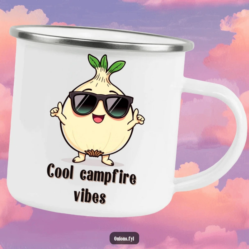 Funny kawaii onion character wearing sunglasses and striking a cool pose on a durable camping mug for humorous outdoor fun.