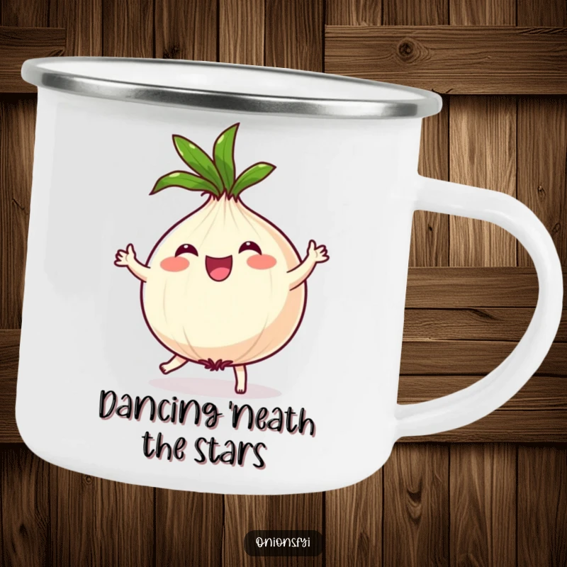 Funny Onion Camping Mug: Joyful onion character dances with a spinning leafy top, perfect for fun outdoors.
