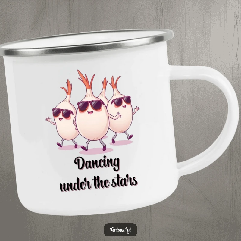 Funny onions wearing sunglasses dancing energetically, camping mug, cool outdoor vibe, funny gift.