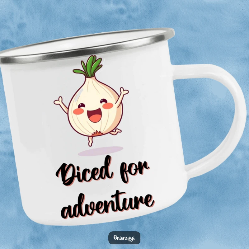 Funny Onion Camping Mug: A kawaii onion leaps with joy in its new fun shapes, perfect for outdoor laughs.