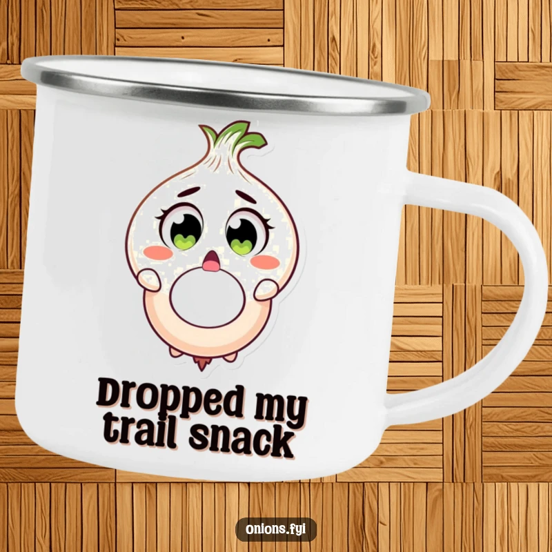 Funny onion character surprised, dropping large onion ring, camping mug, outdoor surprise, funny gift.