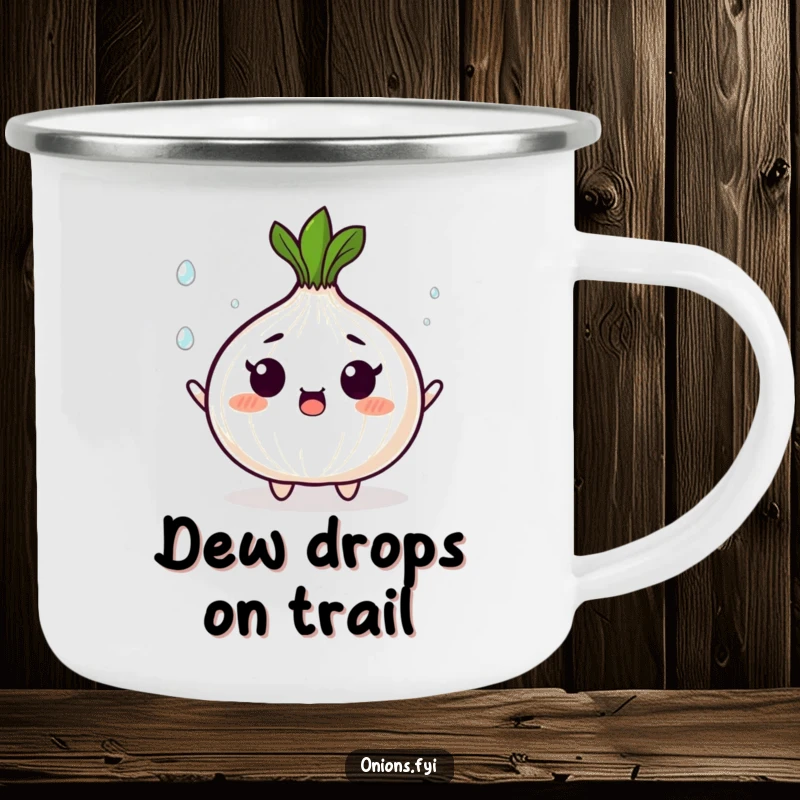 Funny camping mug with a surprised onion character juggling tiny, shining droplets, bringing busy humor to outdoor settings.