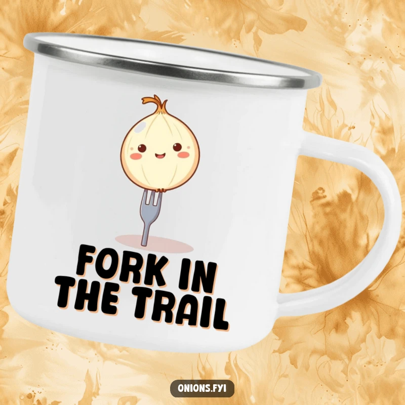Funny balancing onion camping mug, a round onion character precariously balanced on a tiny fork, durable and humorous drinkware.
