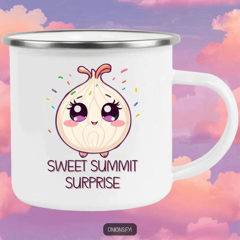 Funny onion character showered by rainbow sprinkles, a durable and humorous camping mug for outdoor enthusiasts.