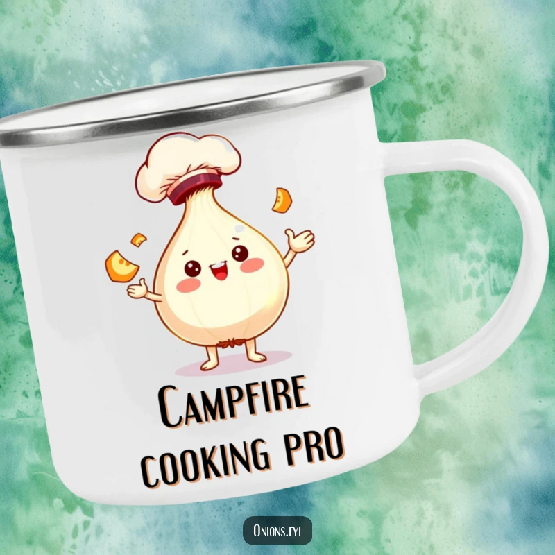 Funny chef onion character juggling slices on a durable camping mug, for laughter on the go.