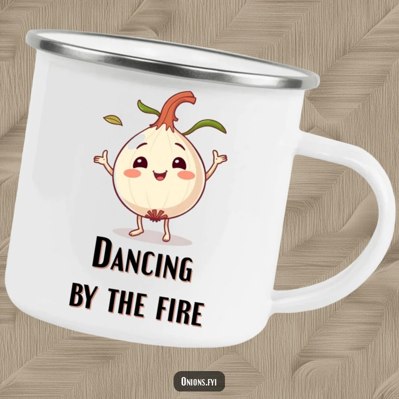 Funny dancing onion camping mug, a smiling onion character playfully dancing with leaves flying, fun outdoor drinkware.