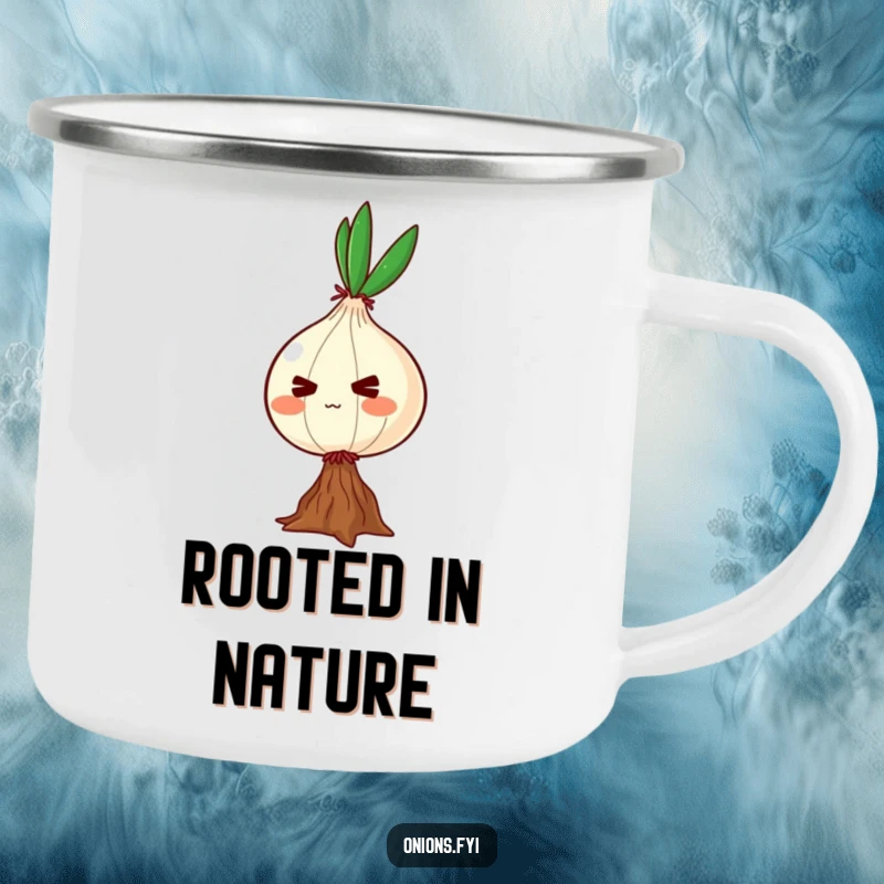 Funny camping mug with a determined onion character balancing on a single root, built for outdoor challenges and inspiration.