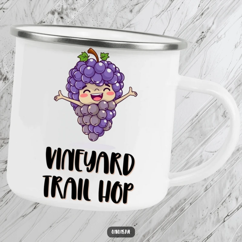 Funny grapes camping mug, a bunch of happy grapes playing leapfrog with outstretched arms, durable and amusing.