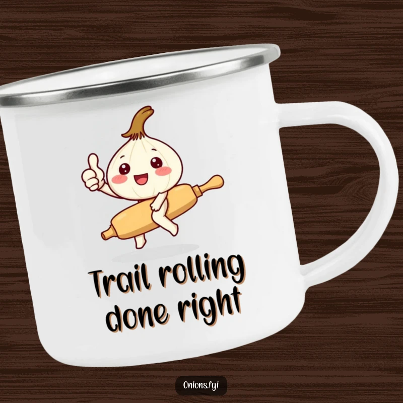 Funny Kawaii onion character riding rolling pin giving thumbs up, enamel camping mug with cute, humorous kitchen theme for outdoor adventures.