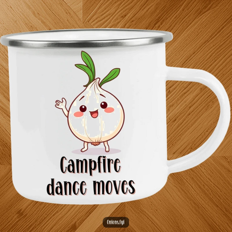 Funny Kawaii Onion Dance Camping Mug: Cute onion character dancing silly, leafy top waving, ideal funny gift.