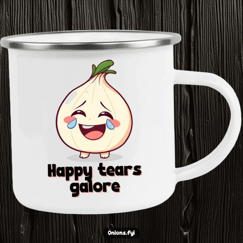 Funny onion character shedding a sparkly tear from laughter on a camping mug, bringing humor to outdoor adventures.