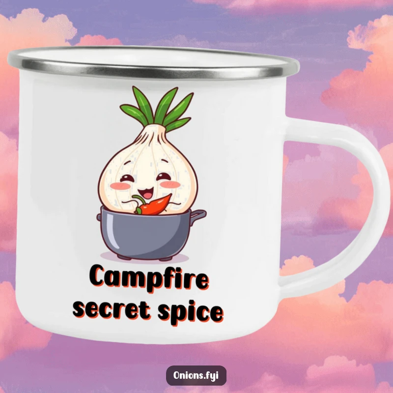 Funny onion character with a mischievous grin, adding spice to a pot, on a camping mug.