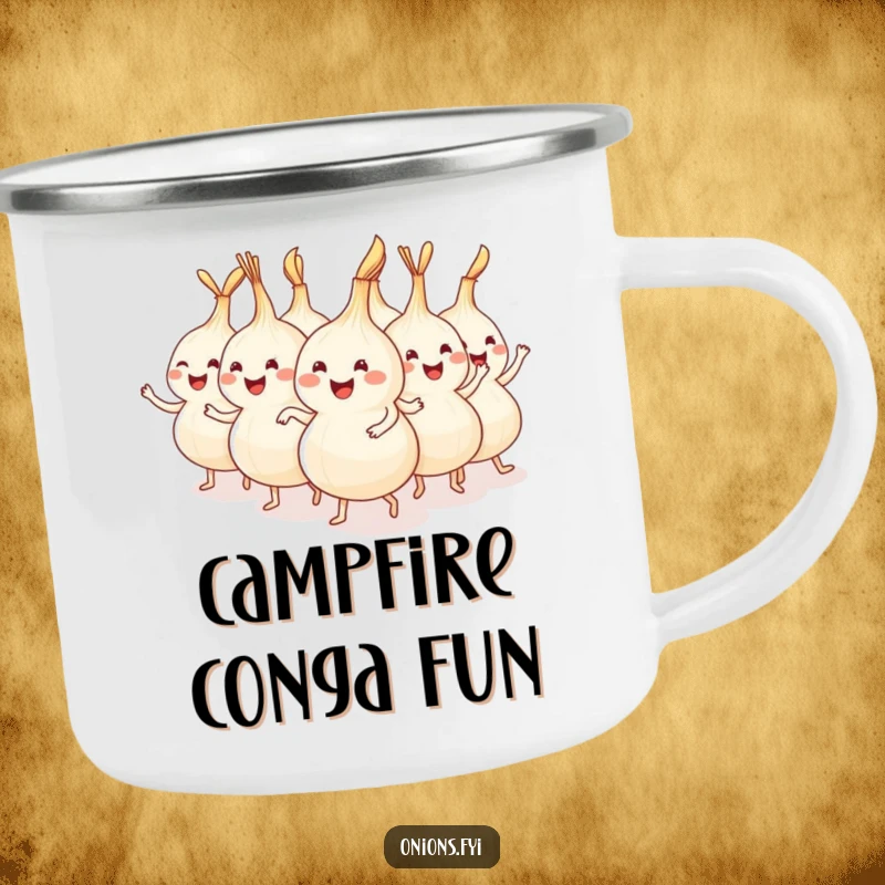 Funny onions dancing in a conga line on a camping mug, perfect for festive outdoor sips.
