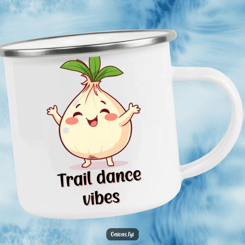Funny onion character dancing around a campfire mug, bringing energy to outdoor settings.