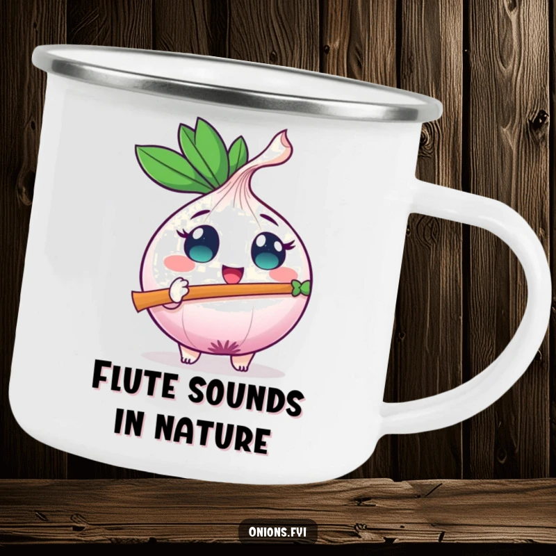 Funny onion character plays a leaf flute, ideal for outdoor sipping and humorous campfire melodies.