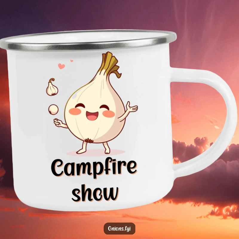 Funny camping mug with a joyful onion character juggling garlic, ideal for outdoor enthusiasts who love humor.